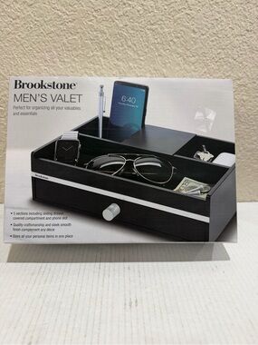 Brookstone Men’s Valet Organizer Tray Black Desk Nightstand Catchall Drawer Phon